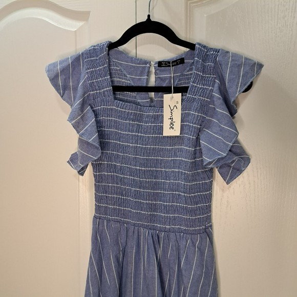 SIMPLEE New With Tags Women's Striped Linen Long Dress Elegant Ruffle Cap Sleeve - Picture 2 of 4